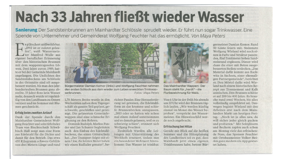 Zeitungsartikel zum Sandsteinbrunnen am, Mainhardter Schlössle
